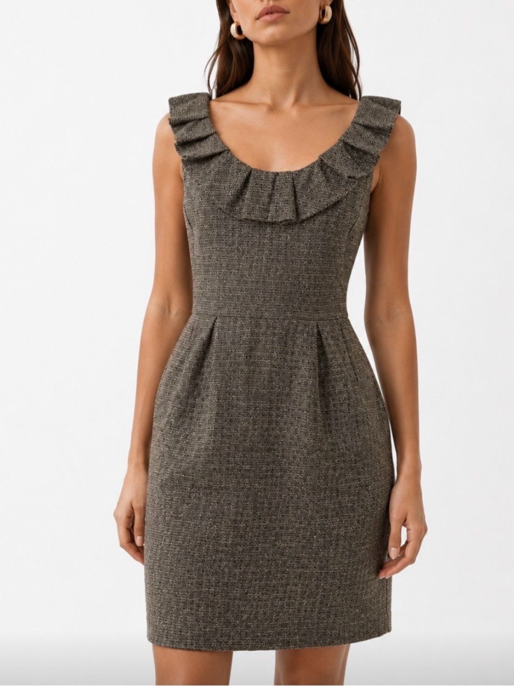 MICHAEL KORS Tweed Ruffle Neck Sheath Dress in Brown Size 10